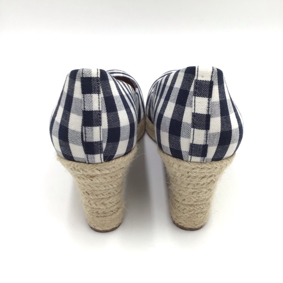 🔴SOLD🔴J. Crew Factory blue white check plaid textile espadrille wedge pumps 8 - Picture 7 of 11
